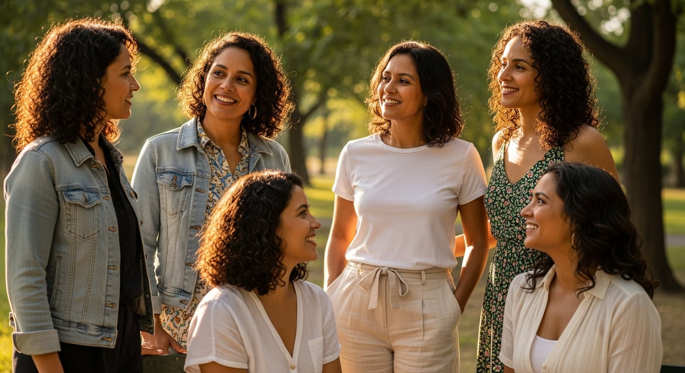 Un grupo diverso de mujeres peruanas, de entre 40 y 50 años, comparte un momento relajado y sonriente bajo el cálido sol en un parque. (Imagen Ilustrativa Infobae)
