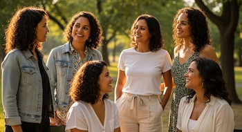 Seis mujeres peruanas, con diversas tonalidades de piel y cabello rizado, posan sonrientes al aire libre bajo la luz del sol en un parque.