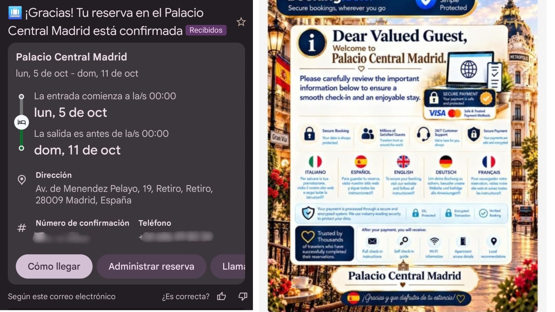 Captura de pantalla tras reservar el hotel falso de Madrid a través de Booking. (Cedida)