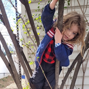 Un niño con abrigo azul y camisa a cuadros trepa a las ramas de un árbol con los ojos difuminados frente a una pared blanca.