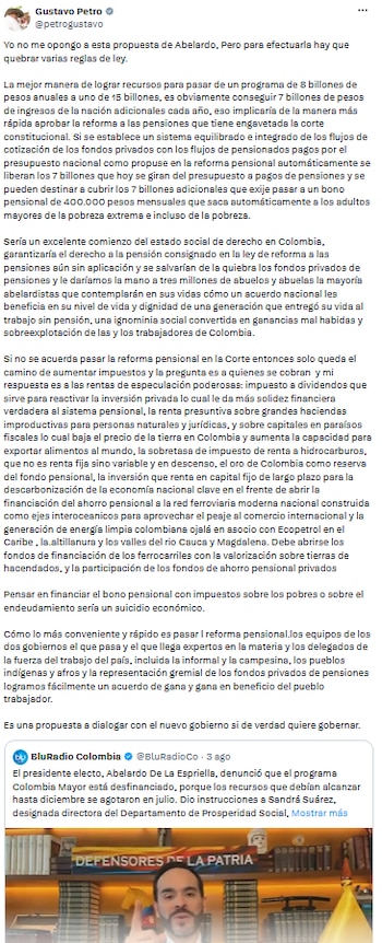 Gustavo Petro planteó alternativas para financiar el subsidio a adultos mayores y llamó a un acuerdo nacional sobre pensiones - crédito @petrogustavo/X