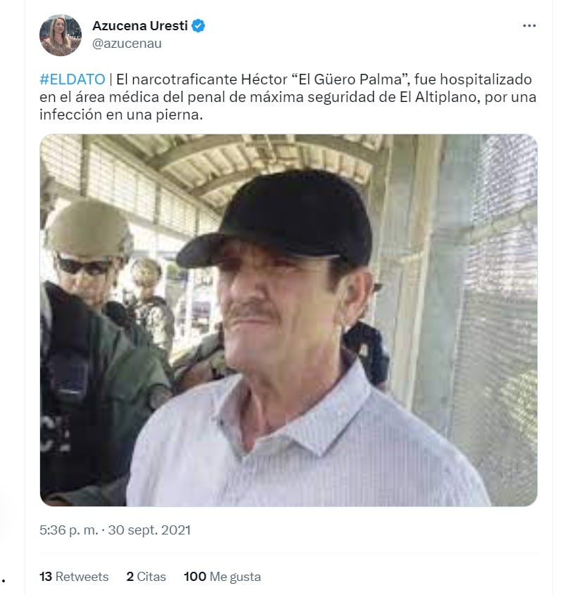En septiembre de 2021 Azucena Uresti reportó que el capo sinaloense había sido internado por una infección en la pierna (Captura de pantalla)