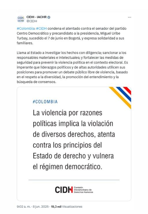 La Comisión Interamericana de Derechos Humanos se sumó al llamado de la OEA y pidió medidas concretas en el caso de Miguel Uribe Turbay - crédito @CIDH/X