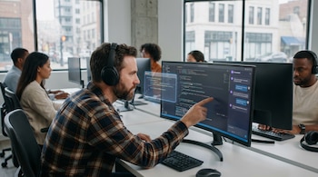 Primer plano de un ingeniero de software con auriculares, señalando un monitor que muestra código y una ventana de asistente de IA en una oficina moderna.