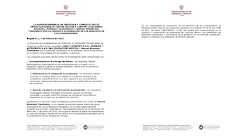 La carta de la SIC que comunica el pliego de cargos en contra del grupo empresarial al que pertenece Colchones Paraíso - crédito SIC