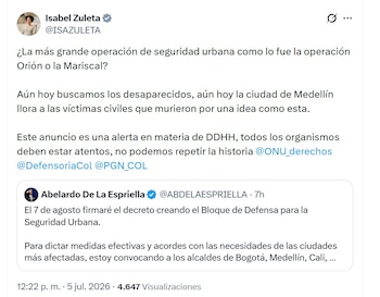 La senadora Isabel Zuleta pidió vigilancia internacional frente a posibles violaciones de DD. HH. - crédito @ISAZULETA/X