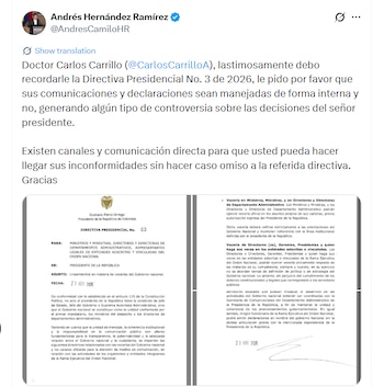 O chefe de Comunicação Estratégica da Presidência, Andrés Hernández, solicitou a Carrillo que processasse sua declaração pelos canais internos - crédito @AndresCamiloHR/X
