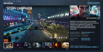 Interfaz de Steam, título del juego MindsEye, imagen de tráiler de campaña, retrato de personaje, texto descriptivo, reseñas, fecha de lanzamiento