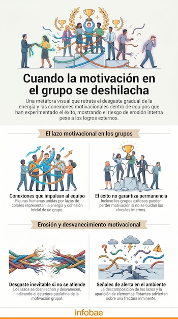 Ilustración digital con figuras humanas unidas por lazos de colores que se deshilachan y desvanecen hacia la derecha, con texturas superpuestas y fondo neutro.