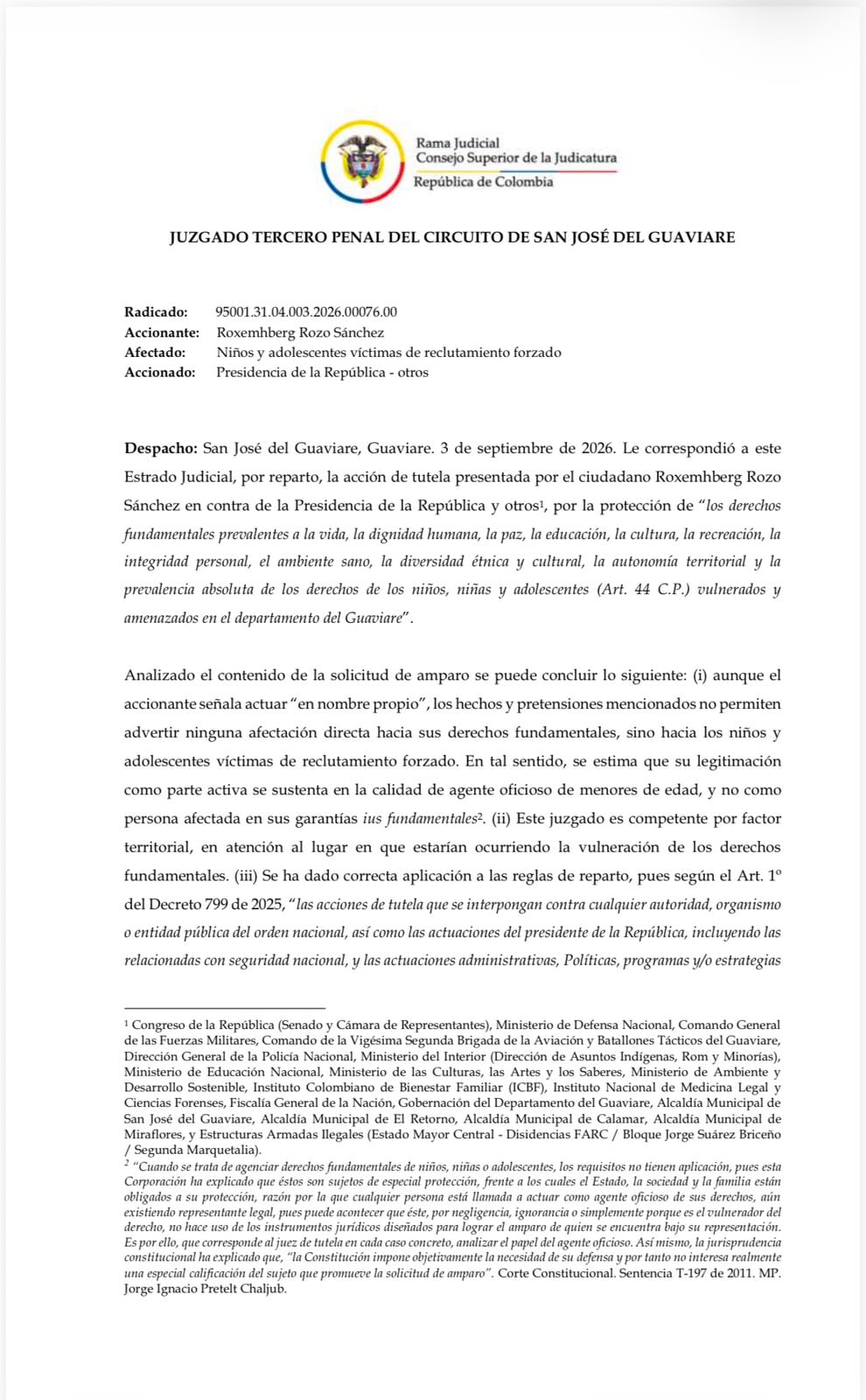 Circuito de San José del Guaviare se pronunció por bombardeos de Abelardo de la Espriella - crédito Circuito de San José del Guaviare