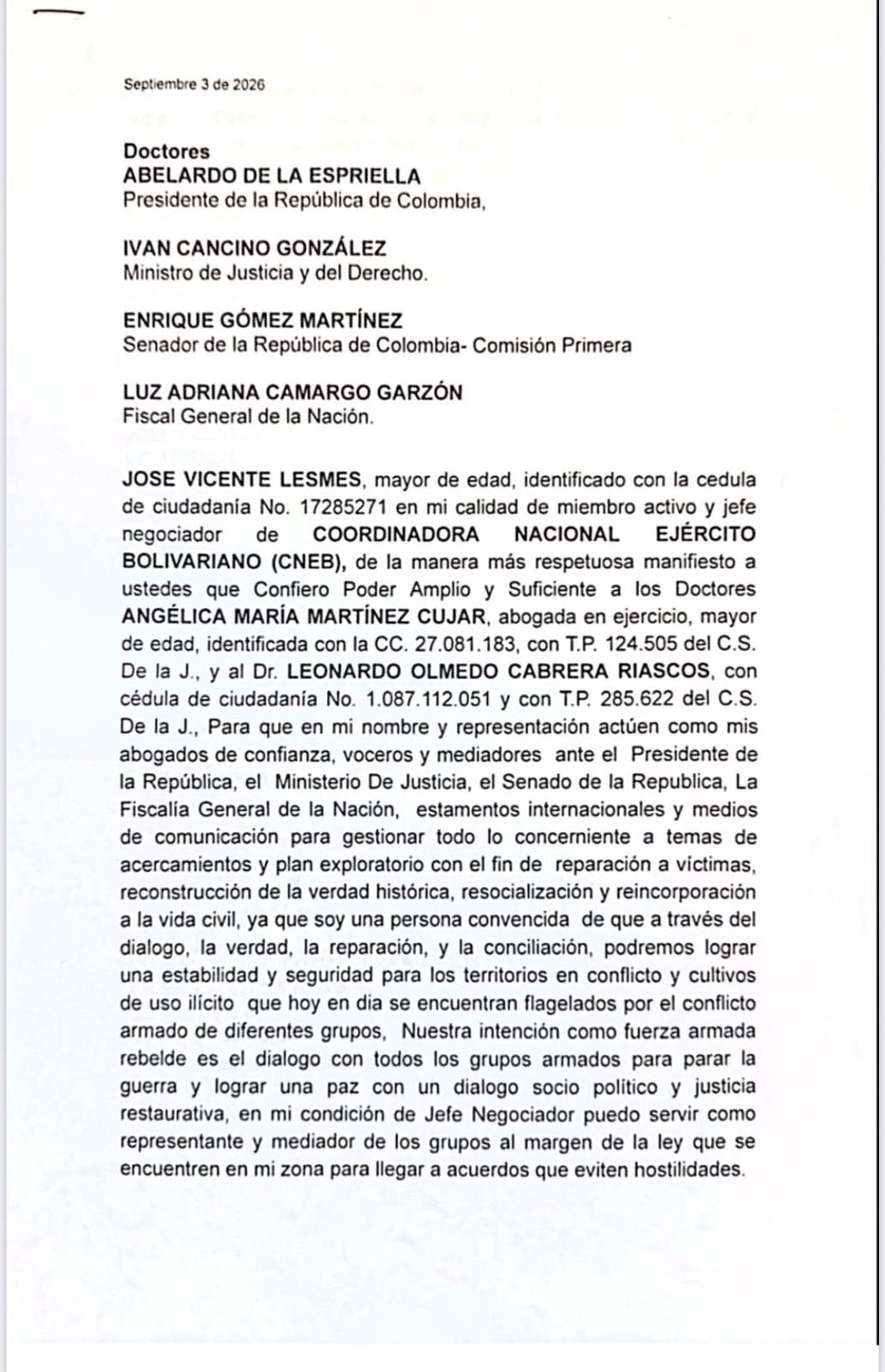 Alias Walter Mendoza pidió al Gobierno abrir un canal de diálogo con la Cneb - crédito @JuanQuinteroP_/X