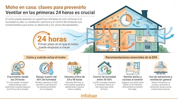 Ilustración de casa seccionada con reloj de 0 a 48 horas, flechas de ventilación, iconos de moho, higrómetro, lupa, calendario y texto explicativo.