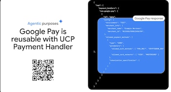 Una infografía con texto que dice 'Google Pay es reutilizable con UCP Payment Handler', un código QR y una sección con código JSON de respuesta de Google Pay