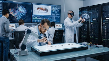 Varios científicos en batas blancas trabajan en un laboratorio. Uno examina hormigas con un microscopio robótico, otro usa gafas de RV con una interfaz 3D.