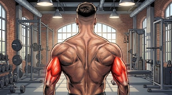 Vista traseira do homem caucasiano musculoso no ginásio. O cabelo é curto nas laterais e mais comprido na parte superior. Você pode ver o bíceps destacado em vermelho.