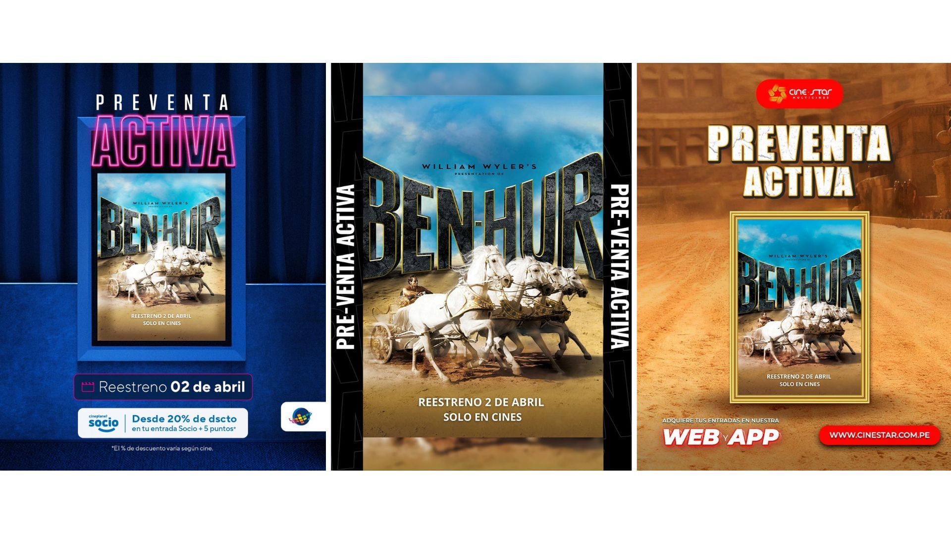 Pósteres promocionales anuncian la pre-venta activa para el reestreno de la película clásica Ben Hur, disponible en cines de Lima a partir del 2 de abril por Semana Santa.