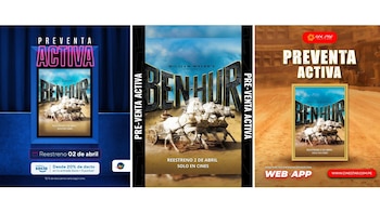 Tres pósteres promocionales de Ben Hur. Se ven el título, una carrera de cuadrigas, 'Preventa Activa' y 'Reestreno 2 de abril Solo en cines', con logos de cines