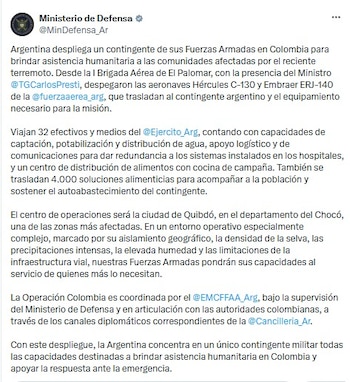 Ministerio de Defensa argentino confirmó ayudas humanitarias enviadas a Colombia - crédito @MinDefensa_Ar/X