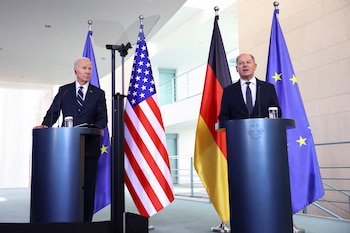 Declaración de Joe Biden y Olaf Scholz (REUTERS/Nadja Wohlleben)