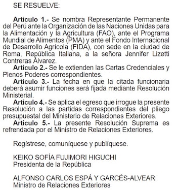 Texto de una resolución suprema sobre el nombramiento de Jennifer Lizetti Contreras Álvarez con firmas al pie