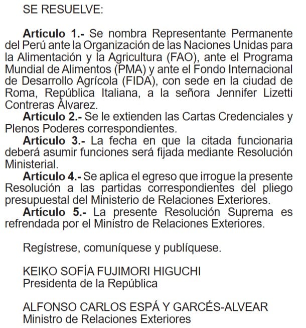 Una resolución suprema oficializa el nombramiento de Jennifer Lizetti Contreras Álvarez como representante permanente del Perú ante la FAO en Roma.