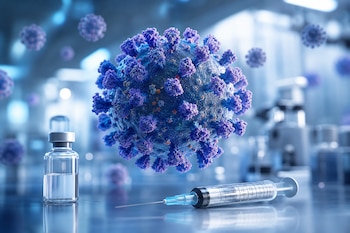 Modelo esférico azul de un virus flanqueado por un frasco transparente de vacuna y una jeringa sobre una mesa de laboratorio.