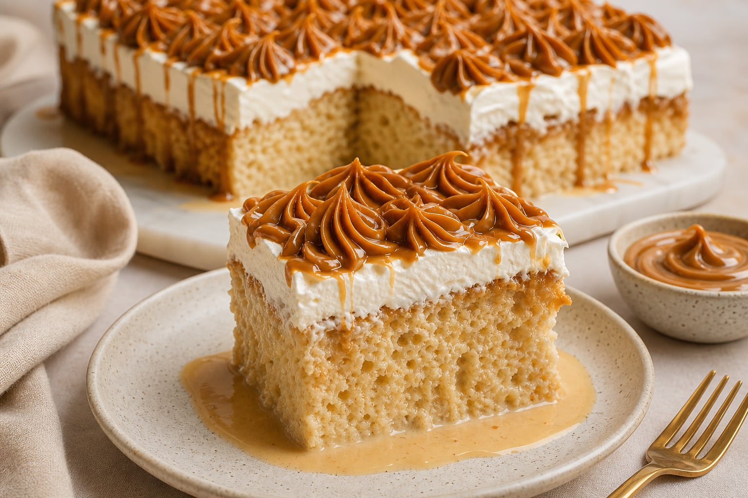 Una porción de pastel de tres leches cubierta con crema y dulce de leche reposa sobre un plato con salsa. (Imagen Ilustrativa Infobae)