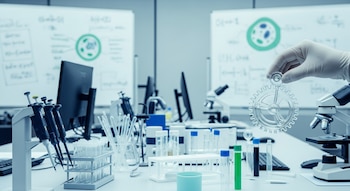 En un laboratorio, una mano con guante de látex sostiene un engranaje translúcido. Mesas llenas de pipetas, tubos, computadoras y microscopios.