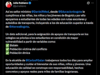 Las rutas escolares y pasajes gratuitos del Sitp benefician a niños, niñas y adolescentes en condición de vulnerabilidad socioeconómica, señaló la secretaria de Educación de Bogotá - crédito X