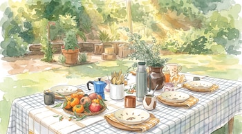 Mesa con mantel a cuadros, platos, cubiertos, canasta de frutas, cafetera azul, termo, mate y jarra en un patio con plantas y árboles, estilo acuarela.