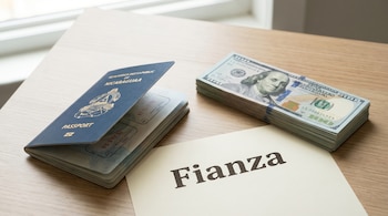 Primer plano de un pasaporte nicaragüense abierto mostrando una visa B1/B2 de EE. UU., junto a un fajo de billetes de cien dólares y una hoja con 'Fianza'.