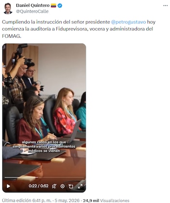 Daniel Quintero inicia pesquisas al Fomag por posibles sobrecostos y anomalías en atención médica - crédito @QuinteroCalle/X