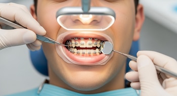 Primer plano de la boca de un joven con frenillos metálicos, los labios extendidos por un retractor. Manos enguantadas de un dentista ajustan los aparatos con espejo y pinzas.