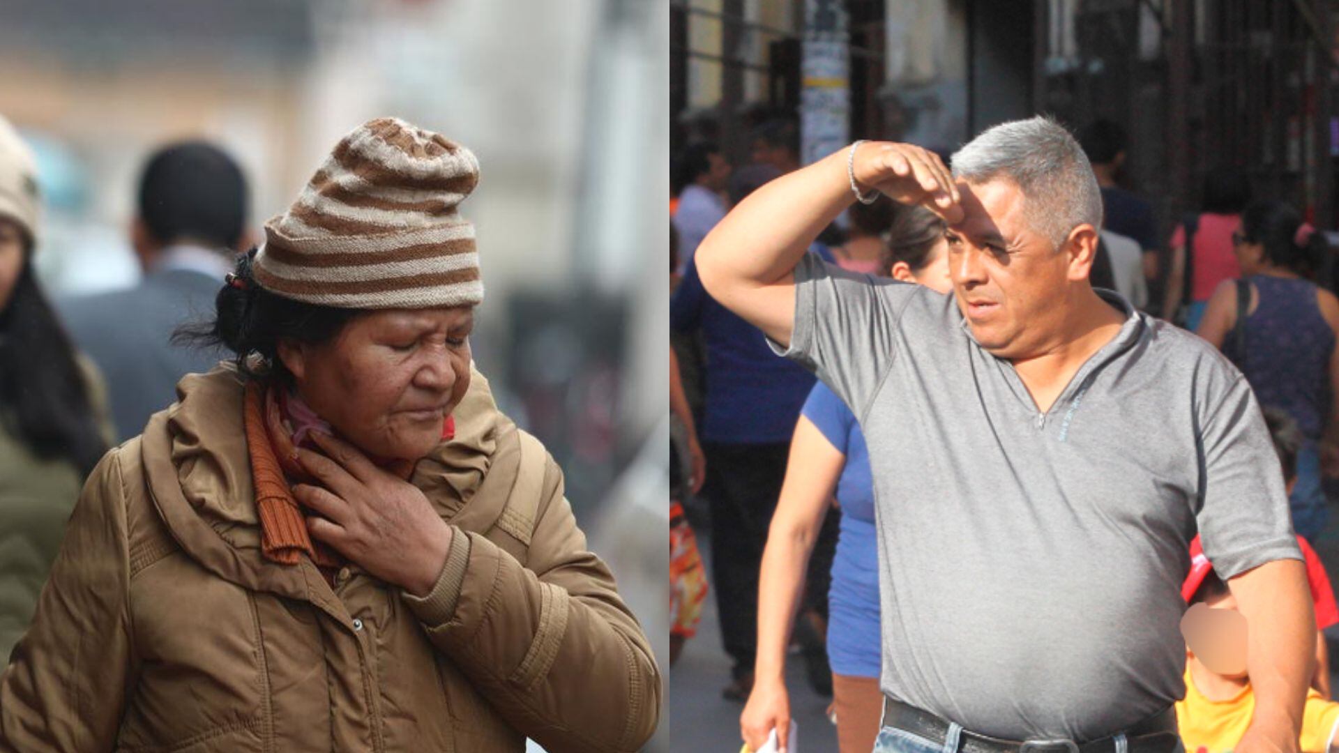 Dos ciudadanos caminan por diferentes calles de Lima: una señora luce ropa más abrigadora por el frío y otra prendas más ligeras por la sensación de calor.