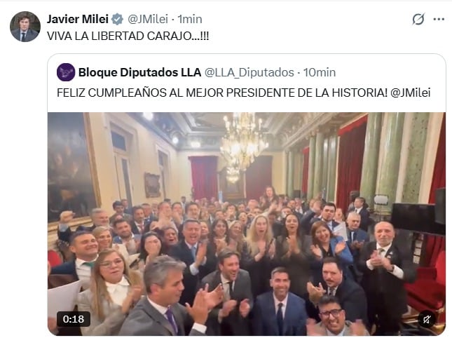 Javier Milei compartió el video por su cumpleaños