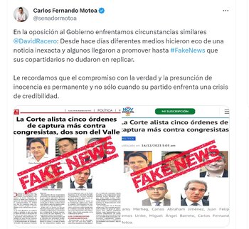 Carlos Fernando Motoa le dice a Racero que personas de su partido compartió fake news de la oposición - crédito @senadormotoa