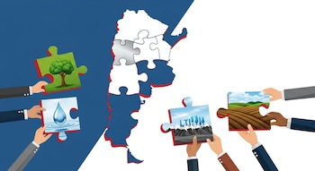 Ilustración de la silueta de Argentina como un rompecabezas fragmentado. Manos estilizadas retiran piezas que muestran agua, un árbol, litio y campos.