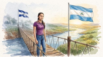 Dibujo de una joven sobre un puente colgante de madera entre las banderas de El Salvador y Nicaragua ante un río y colinas.