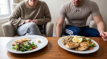 Dos personas sentadas a una mesa con platos de comida. Un plato tiene galletas, ensalada y queso. El otro plato contiene pollo, quinua, huevos y vegetales.