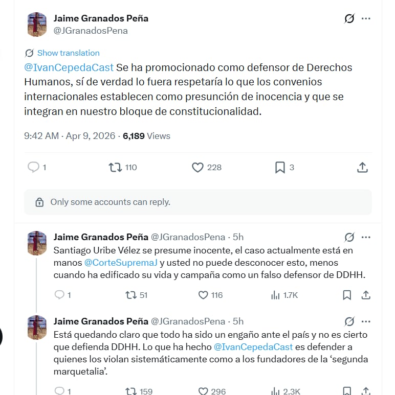 Granados señaló que Cepeda contradice, según su pronunciamiento, los principios de derechos humanos que ha defendido públicamente - crédito @JGranadosPena/X