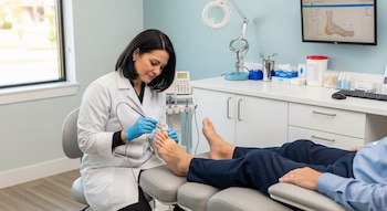 Una podóloga con bata blanca y guantes azules examina el pie derecho de un paciente masculino acostado en una silla de examen en una clínica.