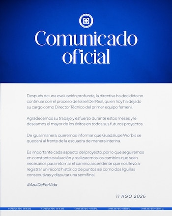 A través de un comunicado, la directiva cementera informó sobre la partida de Del Real y nombró a Guadalupe Worbis como entrenadora interina mientras redefine el rumbo del equipo. (X/ @AzulFemenil)