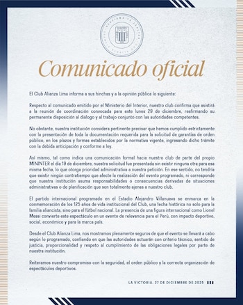 Comunicado de Alianza Lima sobre