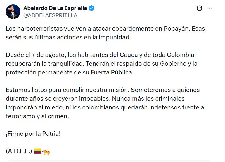 El presidente electo Abelardo de la Espriella aseguró que, desde el 7 de agosto, su administración reforzará la seguridad en el Cauca y en todo el país tras el reciente atentado en Popayán - crédito Abelardo de la Espriella