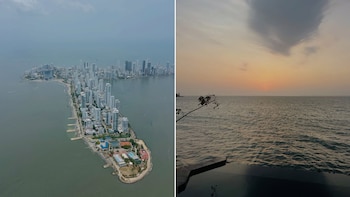La estrella de 'Greys Anatomy' logró tomas aéreas de la ciudad y del Mar Caribe al atardecer, con el skyline moderno de Bocagrande contrastando con la calma del océano - crédito @katewalsh/Instagram
