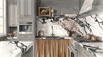 Cocina ilustrada con gabinetes superiores e inferiores grises, encimeras de mármol, fregadero, grifo, estufa, campana extractora, cuadros, lámparas, vasijas y ramas.