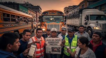 Un grupo de transportistas con chalecos y gorras sujeta un periódico frente a autobuses y camiones en una calle urbana con edificios.