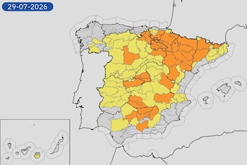 Mapa de alertas por el calor para este miércoles, 29 de julio de 2026. (Aemet)