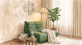 Un sofá modular verde con una manta beige, mesa auxiliar con taza y gafas, cesta con mantas, cuadros botánicos, planta, lámpara de pie y cortinas claras.