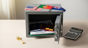 Caja fuerte gris abierta en mesa de madera clara con pasaportes, carpeta de inversión, lingotes de oro, banderas de Estados Unidos, Portugal, Nueva Zelanda, llave y calculadora.